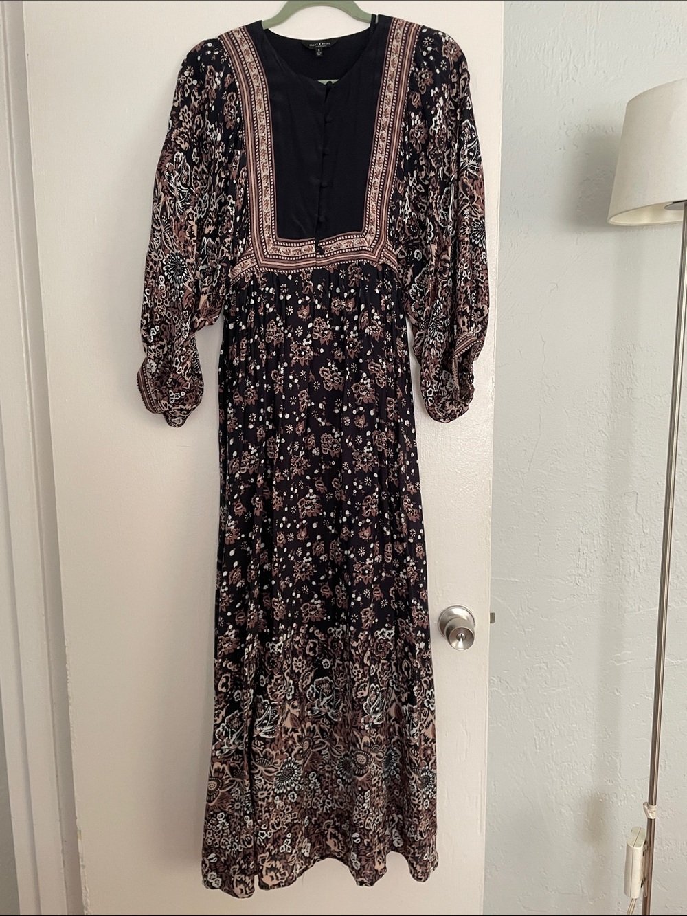 Lucky Brand Black Floral Boho Maxi Dress with Blush Accents